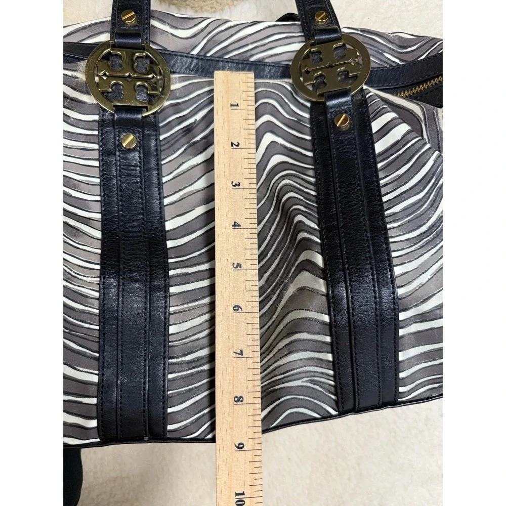 Tory Burch‎ Zebra Stripe Satchel Shoulder Bag Leather Trim Gold Logo Y2K Style